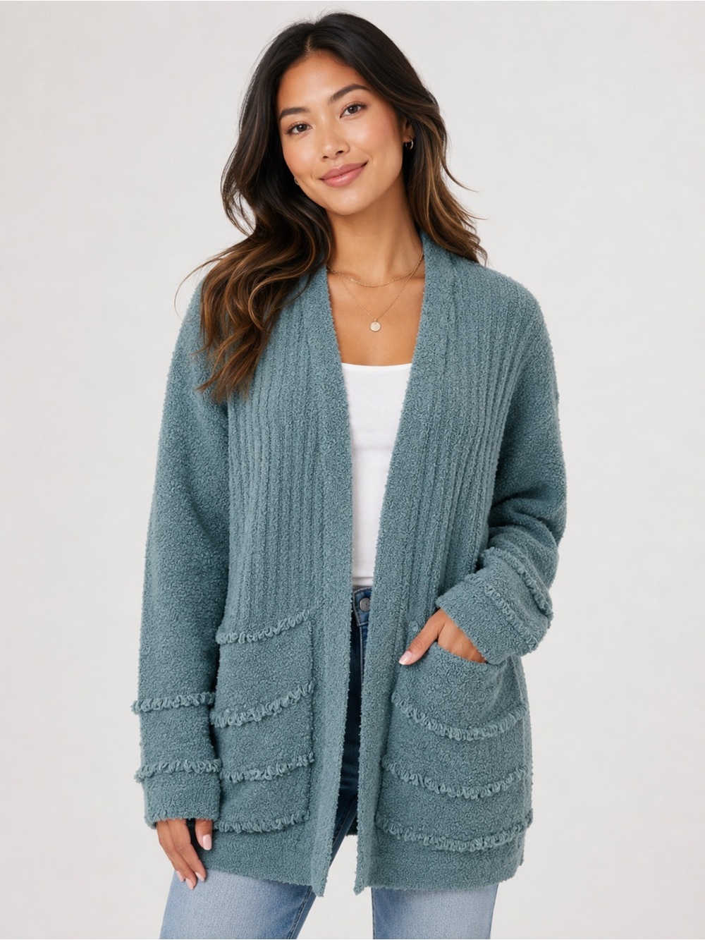 Barefoot Dreams Cozy Open-Front Bouclé Cardigan Sweater in Teal
